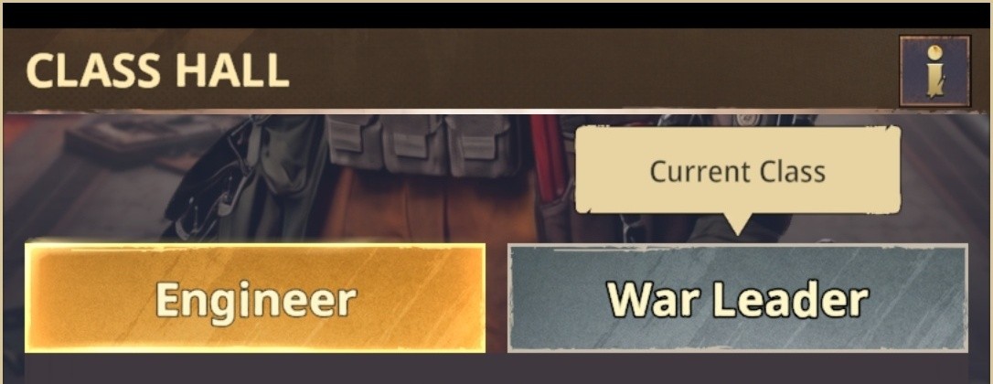 The Class Hall showing Engineer and War Leader selection.