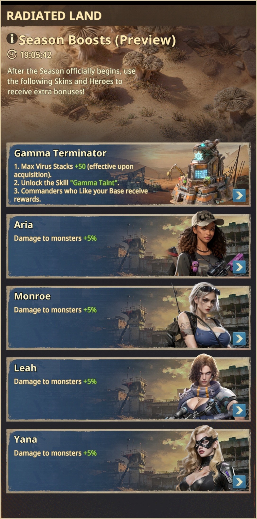 Season boosts for Gamma Terminator, Aria, Monroe, Leah and Yana.