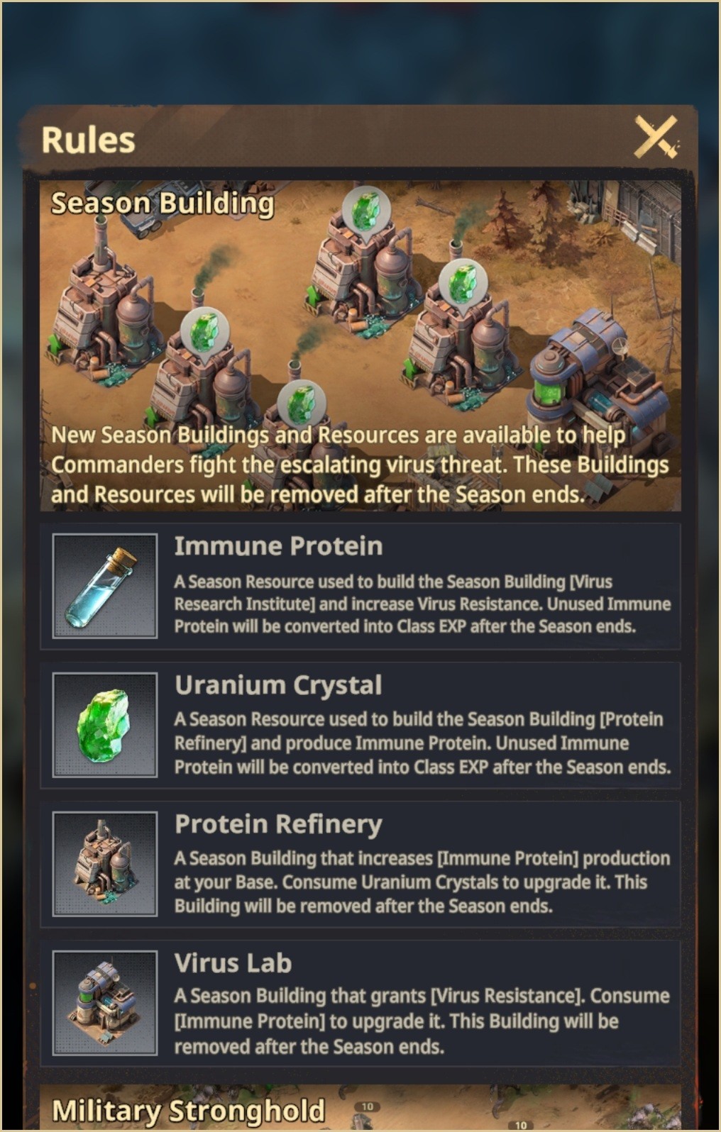 Seasonal buildings and resources, including Immune Protein, Uranium Crystal, Protein Refinery and Virus Lab.