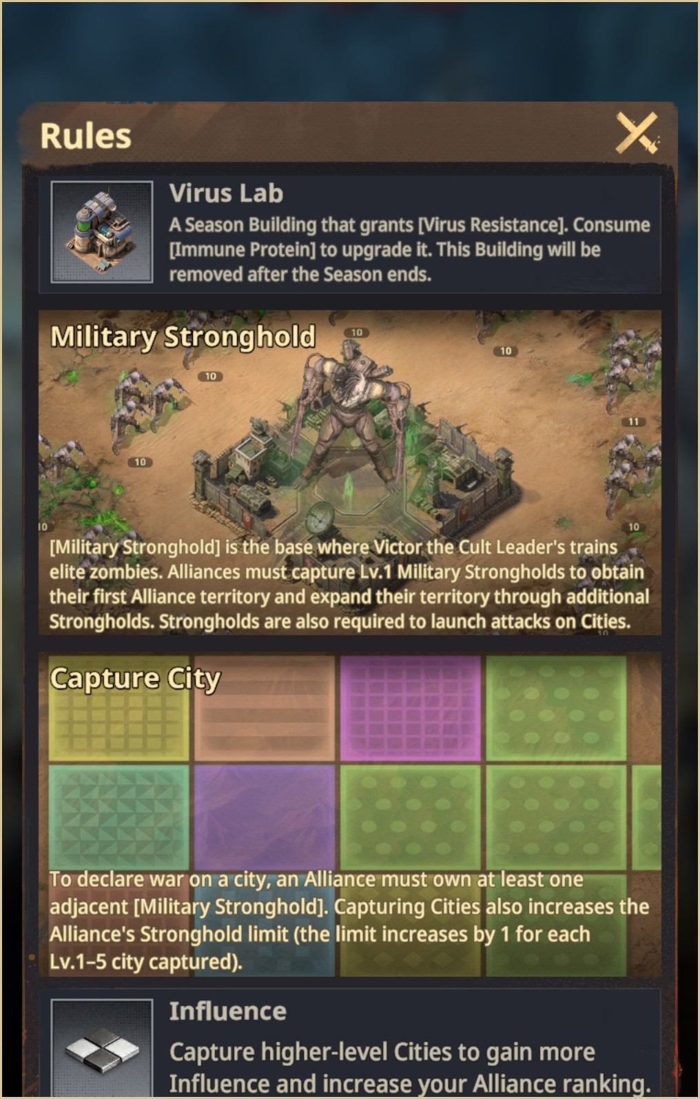 Military Stronghold, adjacent City declaration and Alliance Influence rules.