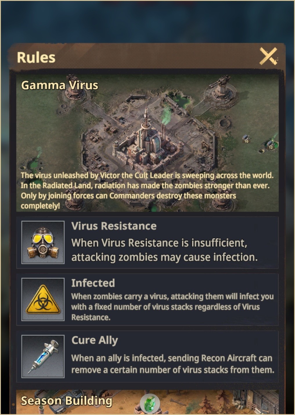 Gamma Virus rules showing Virus Resistance, infected enemies and allied curing.