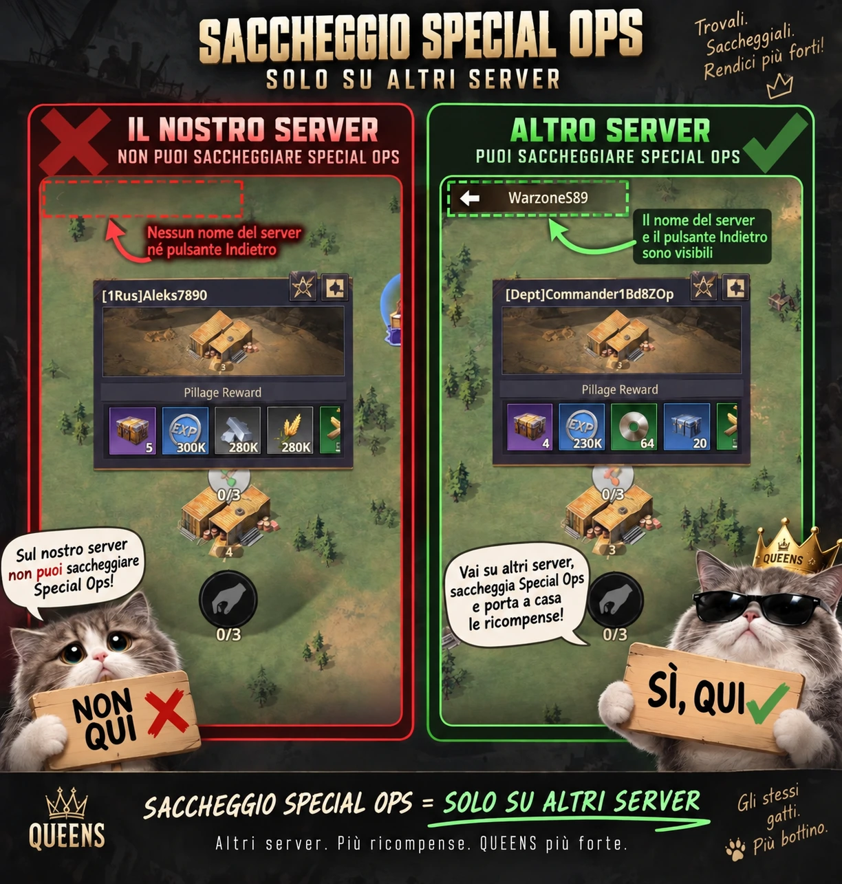 Saccheggia Special Ops solo su altri server: verifica che il nome del server e il pulsante Indietro siano visibili.