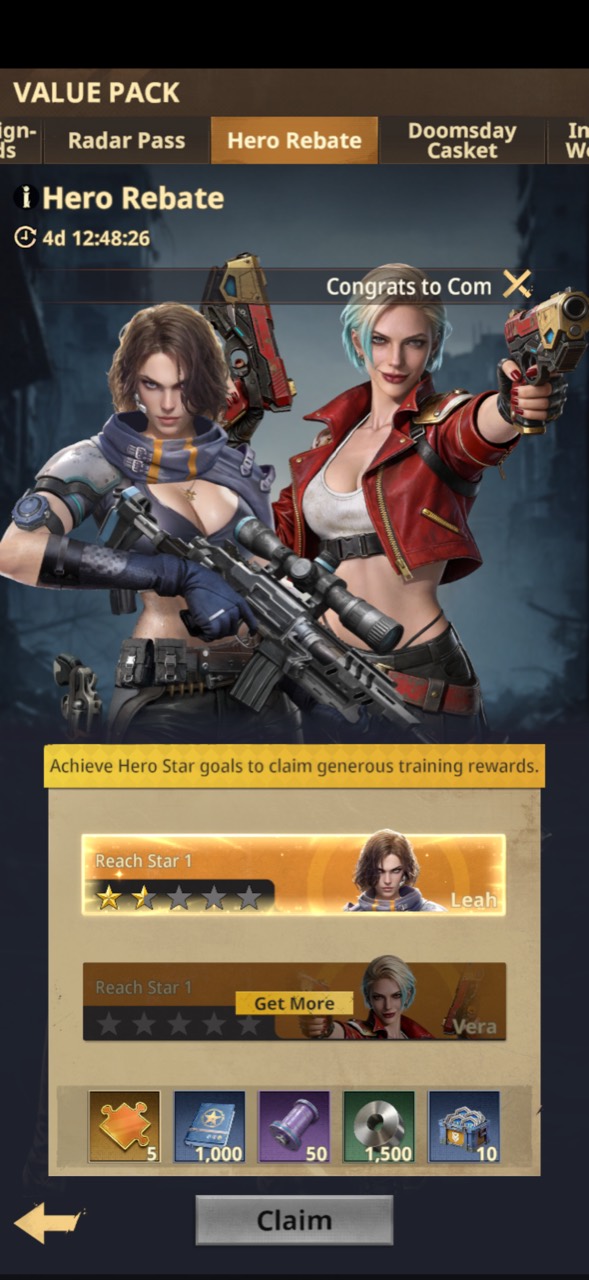 Hero Rebate promotion with milestone rewards for increasing featured hero star levels