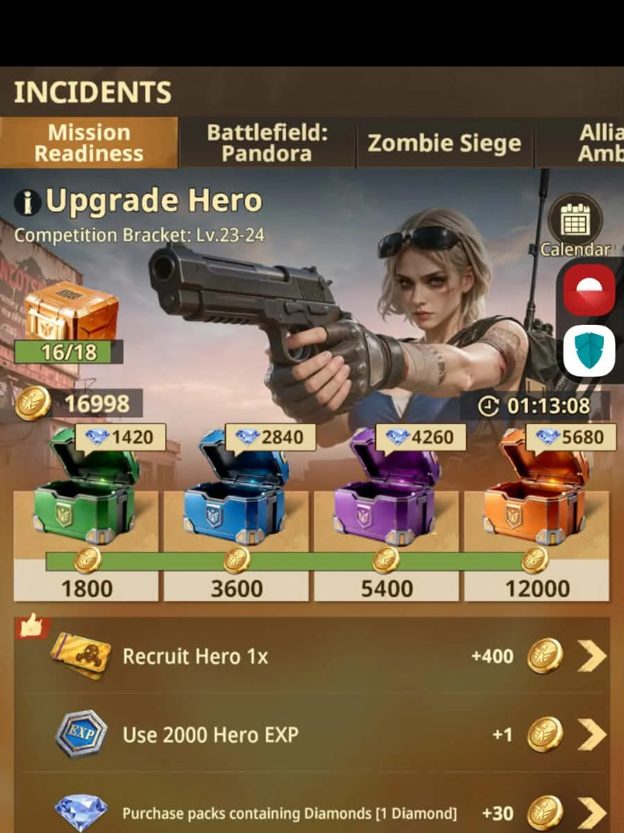 Mission Readiness Upgrade Hero window for double-scoring Hero EXP