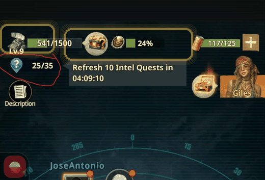 Radar screen showing 25 of 35 saved missions and the next refresh timer