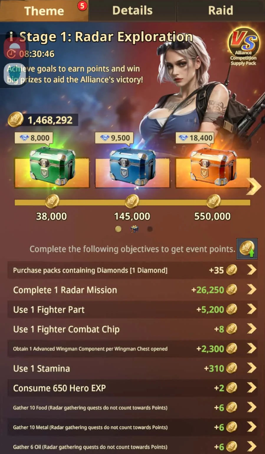 Radar Exploration scoring actions and their point values with active VS bonuses