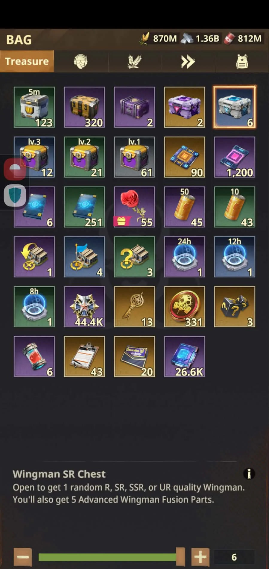Wingman SR Chest awarding five Advanced Wingman Fusion Parts