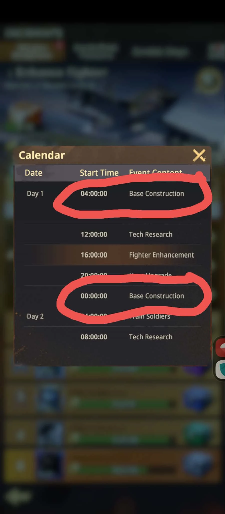 Mission Readiness calendar showing Base Construction windows