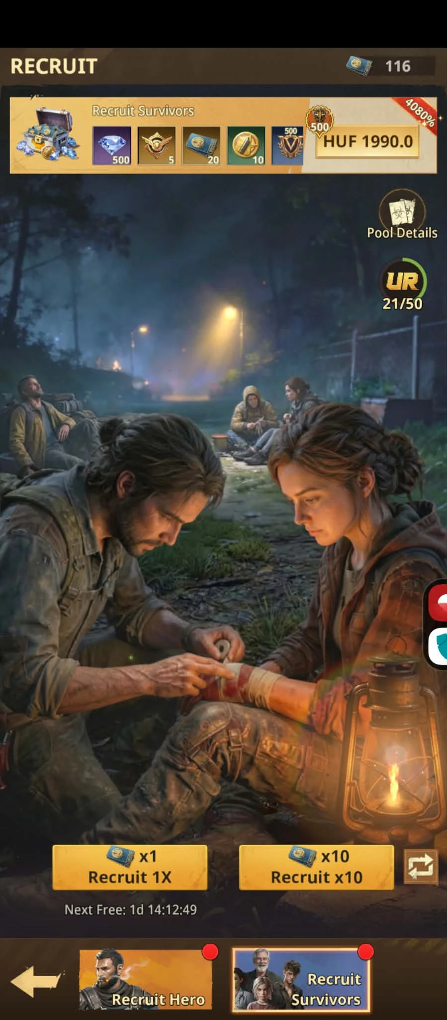 Recruit Survivors screen where saved tickets are used on Tuesday